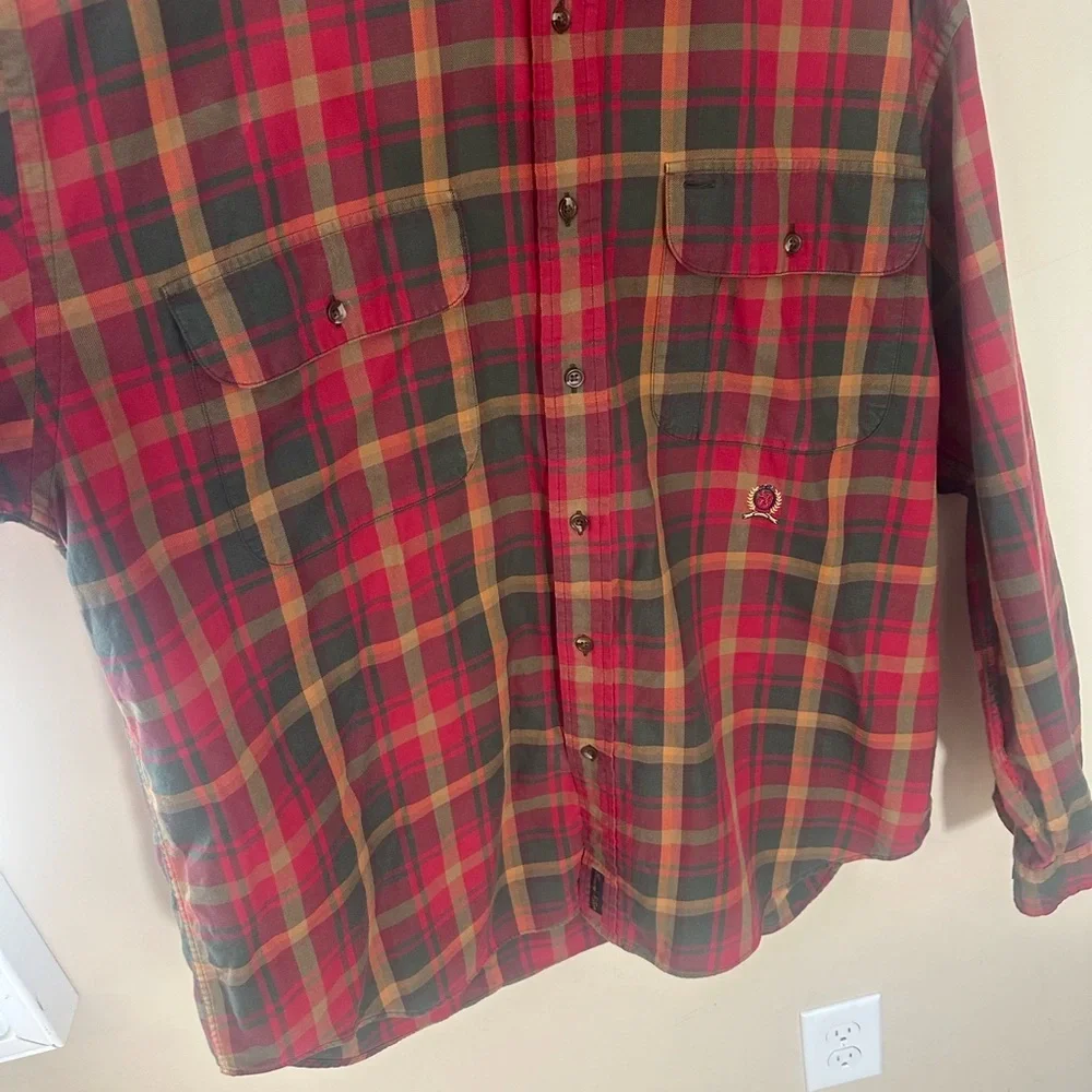 Vintage 90s Tommy Hilfiger Shirt Men Large Denim Plaid Red Button Down Shirt L - Picture 4 of 7